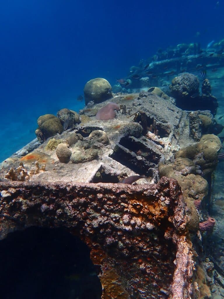 Submerged tugboat at Tugboat Beach in Curaçao