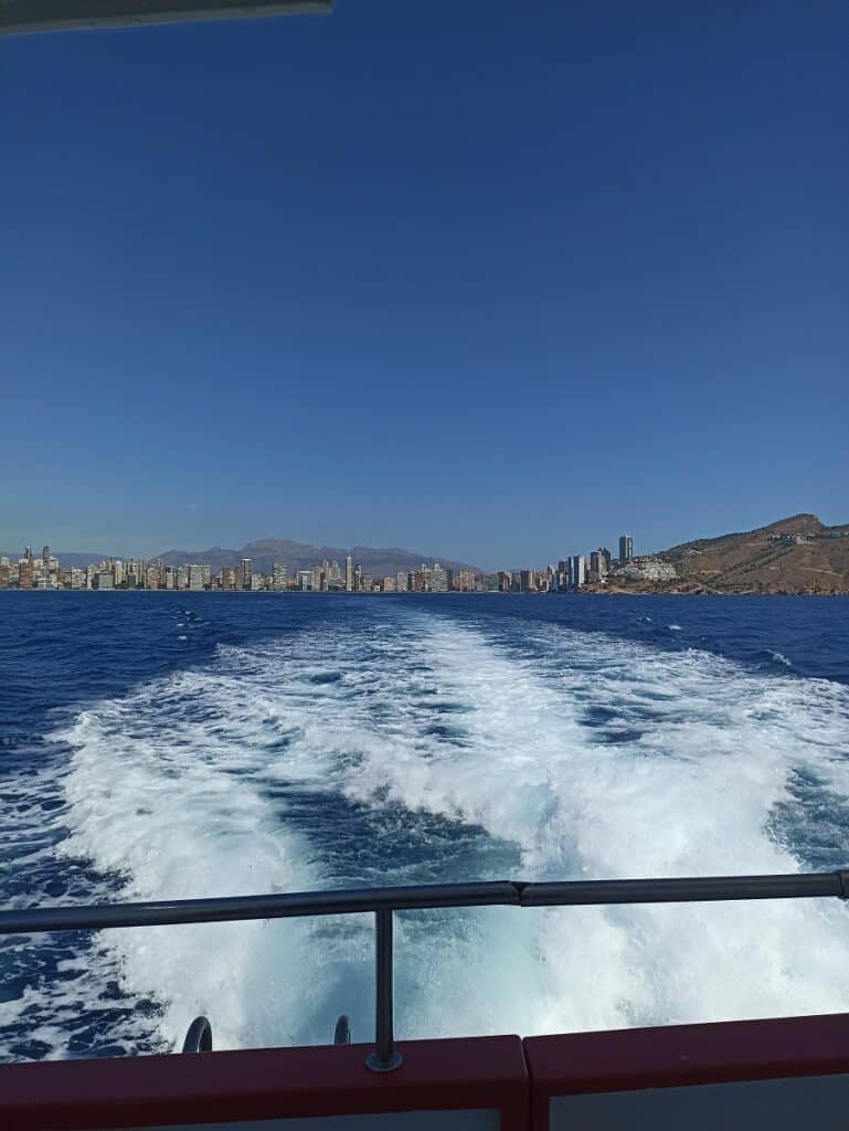 View of the city from the ferry to Benidorm Island. 